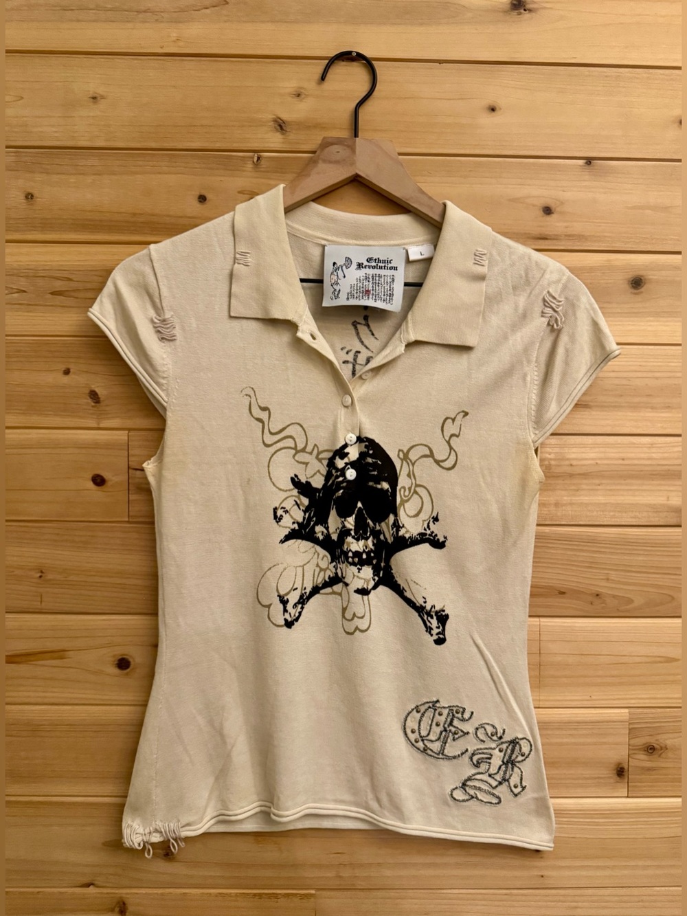 Y2K Ethnic Revolution Small Silk Skull Pirate Baby Tee McBling Grunge Trashy Alt